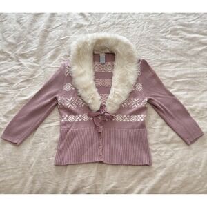 VTG Frost Women's Pink Cardigan Fair Isle Fur Collar Large Y2K Softgirl‎ Cabin